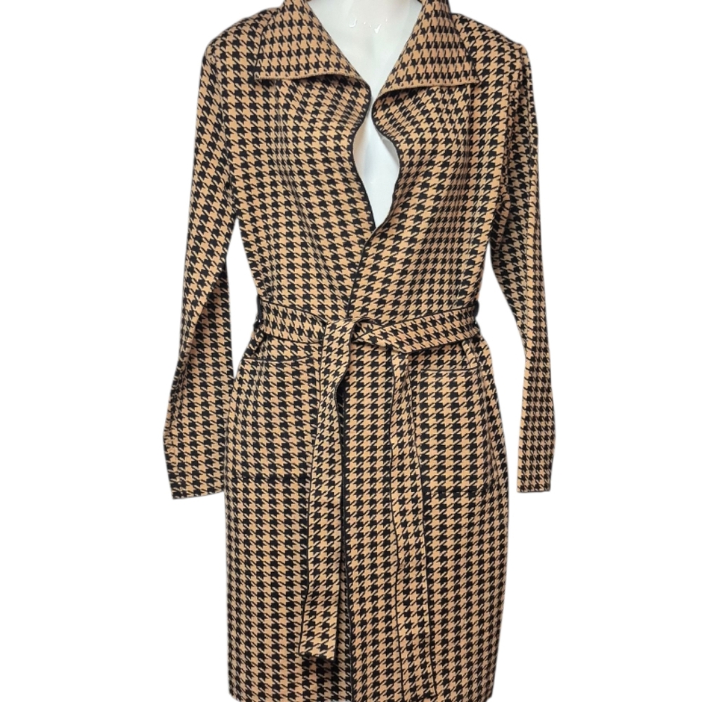 Tahari Black Tan Houndstooth Long Sweater Cardigan Belted  Women's Size S New
